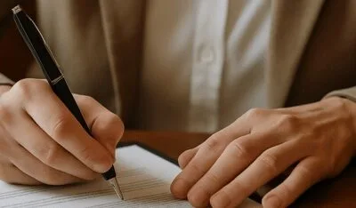 uma pessoa assinando um documento sobre uma mesa de madeira