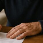 Homem mais velho escreve um testamento em casa, sentado à mesa com expressão séria e concentrada, em um ambiente iluminado naturalmente.
