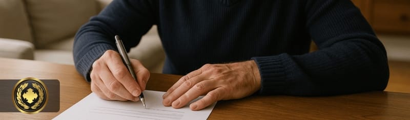 Homem mais velho escreve um testamento em casa, sentado à mesa com expressão séria e concentrada, em um ambiente iluminado naturalmente.