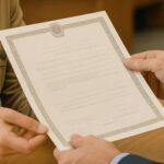 Uma mulher recebe uma certidão de um atendente em um cartório, em um ambiente iluminado e organizado, transmitindo formalidade e confiança.