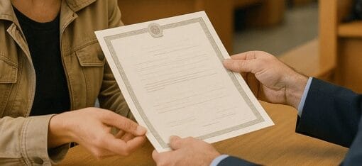 Uma mulher recebe uma certidão de um atendente em um cartório, em um ambiente iluminado e organizado, transmitindo formalidade e confiança.