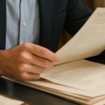 Funcionário concentrado confere documentos em sua mesa, em um ambiente que remete a um cartório, com iluminação natural e decoração clássica