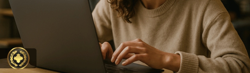 Uma pessoa concentrada usando seu laptop em um ambiente interno iluminado de forma suave e natural, transmitindo seriedade e contexto institucional