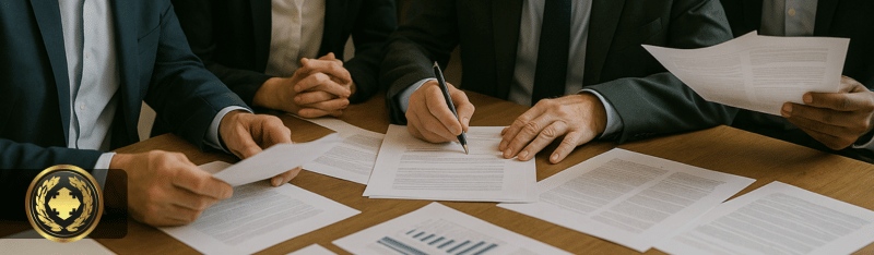 Quatro empresários em trajes formais participam de uma reunião em uma sala iluminada, analisando e assinando documentos sobre a mesa
