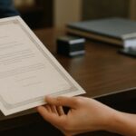 Veja como solicitar sua certidão de nascimento apostilada! 3 Pessoa recebendo uma certidão em um cartório, em ambiente interno iluminado naturalmente