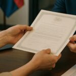 Uma pessoa entrega uma certidão a um funcionário do consulado, em um ambiente institucional com clima sério e iluminado de forma natural