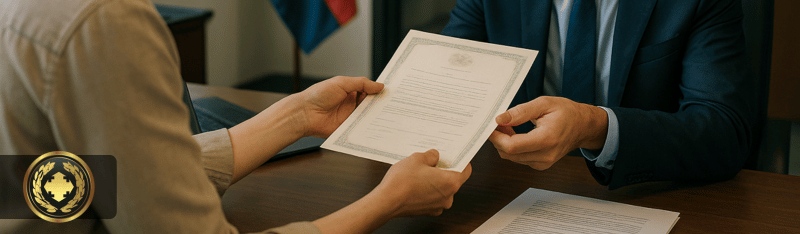 Uma pessoa entrega uma certidão a um funcionário do consulado, em um ambiente institucional com clima sério e iluminado de forma natural