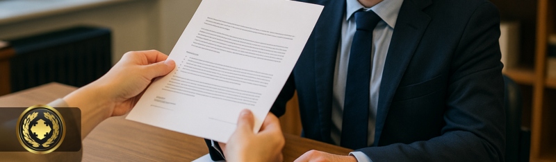 pessoa entrega um contrato a um funcionário de cartório sentado à mesa, em ambiente interno iluminado naturalmente, com expressão atenta e realismo nos detalhes