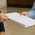Um empresário entrega documentos a um funcionário da prefeitura em um ambiente institucional, ambos vestidos formalmente e com expressões profissionais, em cena iluminada de forma natural e realista