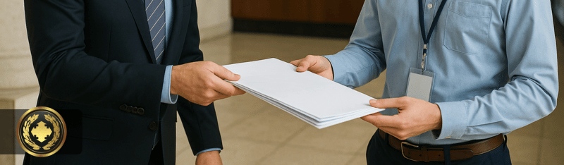 Um empresário entrega documentos a um funcionário da prefeitura em um ambiente institucional, ambos vestidos formalmente e com expressões profissionais, em cena iluminada de forma natural e realista