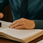 um funcionário de cartório trabalhando em sua mesa, carimbando um documento