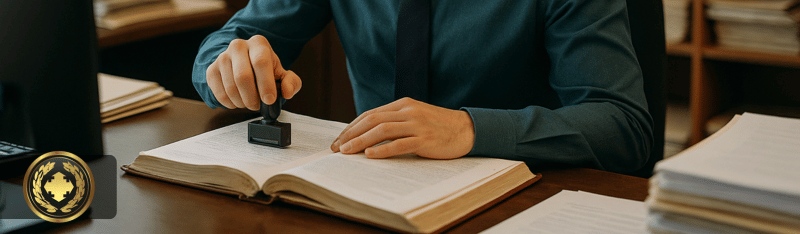 cartório Amorim Vitória Espírito Santo um funcionário de cartório trabalhando em sua mesa, carimbando um documento