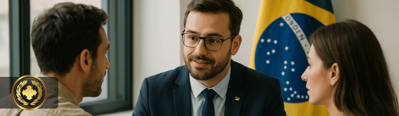 cidadania brasileira por casamento Uma cena realista mostrando um casal conversando com um funcionário do consulado brasileiro em uma sala iluminada naturalmente, com a bandeira do Brasil ao fundo e enquadramento em plano médio, transmitindo ambiente institucional e acolhedor