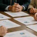 Uma reunião de acionistas em um escritório moderno, com participantes vestidos de forma profissional conversando em torno de uma mesa repleta de documentos, iluminados por luz natural que entra pelas janelas amplas