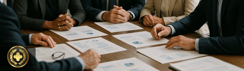Uma reunião de acionistas em um escritório moderno, com participantes vestidos de forma profissional conversando em torno de uma mesa repleta de documentos, iluminados por luz natural que entra pelas janelas amplas