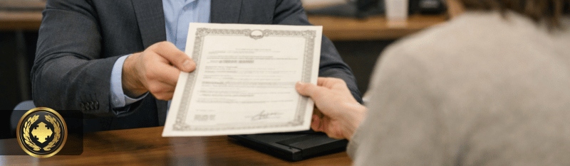 Funcionário de cartório entrega uma certidão a uma pessoa em um ambiente institucional organizado, com iluminação suave e natural, enquadramento em plano médio e ângulo levemente lateral, transmitindo formalidade, confiança e clareza no atendimento