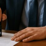 Contrato de arrendamento rural precisa ser registrado em cartório? 3 Um funcionário de cartório sentado à mesa, carimbando um contrato com atenção