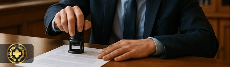 contrato de arrendamento rural precisa ser registrado em cartório Um funcionário de cartório sentado à mesa, carimbando um contrato com atenção