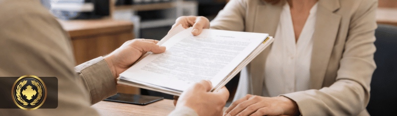 escritura de nomeação de inventariante Pessoa entregando documentos a um atendente em um cartório, em ambiente interno organizado, com iluminação suave e natural