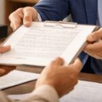 Funcionário de cartório entregando um documento a um cidadão em um balcão de atendimento, com ambiente organizado, iluminação suave e expressão cordial, transmitindo confiança e formalidade institucional.