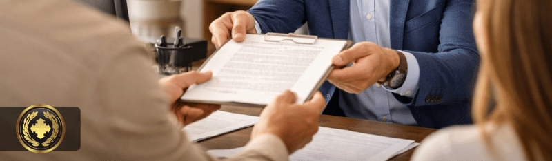 Funcionário de cartório entregando um documento a um cidadão em um balcão de atendimento, com ambiente organizado, iluminação suave e expressão cordial, transmitindo confiança e formalidade institucional.