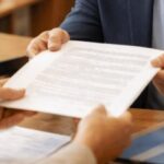 Pessoa entrega um contrato a um funcionário em um balcão de cartório, em um ambiente organizado e bem iluminado, transmitindo profissionalismo e confiança no atendimento.