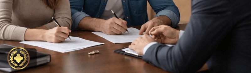 Casal sentado em frente a um advogado em um escritório, assinando documentos de divórcio sobre a mesa, em um ambiente profissional com iluminação natural e expressão séria dos envolvidos.