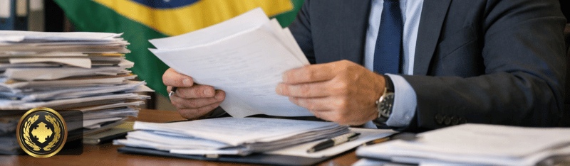 Funcionário de um consulado brasileiro sentado em sua mesa analisa atentamente uma pilha de documentos, enquanto a bandeira do Brasil aparece ao fundo do ambiente institucional, reforçando o contexto oficial e burocrático da cena