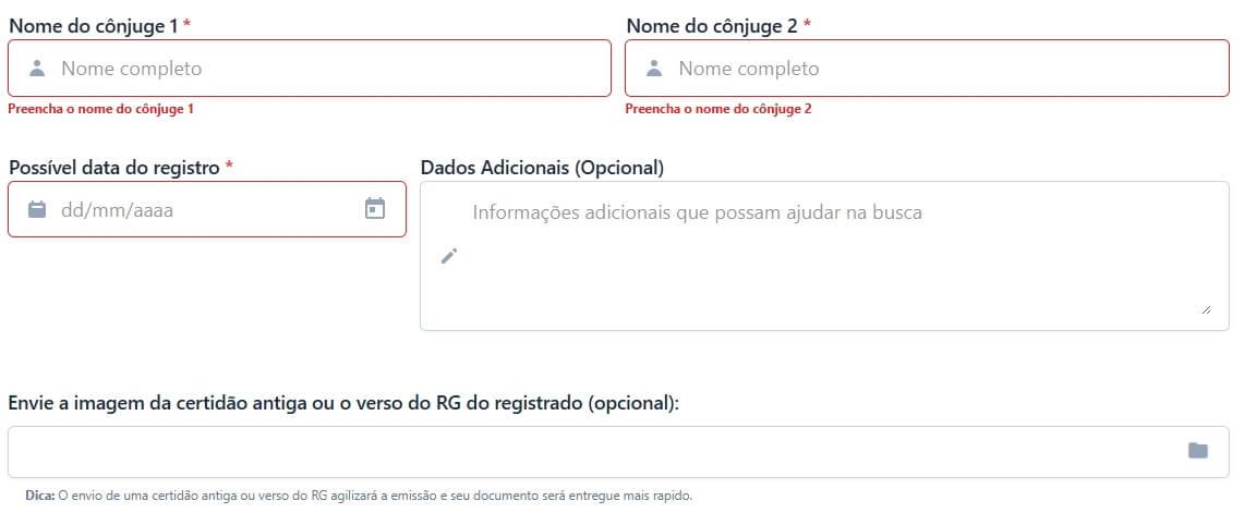 insira os dados da certidão que você tem