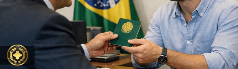 certidão de apontamento de protesto Funcionário de cartório carimbando uma certidão sobre a mesa de atendimento, em um ambiente interno elegante e institucional, com iluminação suave e foco nos detalhes das mãos, do carimbo e da expressão séria do atendente.