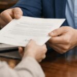 Funcionário entrega uma procuração a uma cliente em um cartório, em ambiente profissional com iluminação suave e expressão séria, destacando o momento formal da entrega do documento.