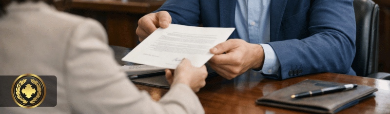 Funcionário entrega uma procuração a uma cliente em um cartório, em ambiente profissional com iluminação suave e expressão séria, destacando o momento formal da entrega do documento.