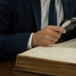 Funcionário de cartório analisa cuidadosamente um antigo livro de registros em ambiente institucional, cercado por arquivos e documentos históricos, transmitindo investigação e busca por informações oficiais