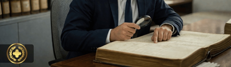 Funcionário de cartório analisa cuidadosamente um antigo livro de registros em ambiente institucional, cercado por arquivos e documentos históricos, transmitindo investigação e busca por informações oficiais