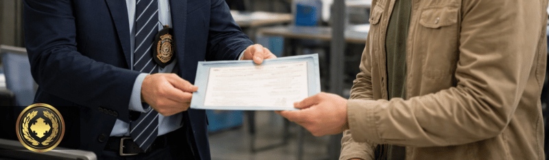 Delegado entregando uma certidão a um cidadão dentro de uma delegacia, em ambiente institucional moderno e bem iluminado, com composição realista e foco na interação entre os personagens.
