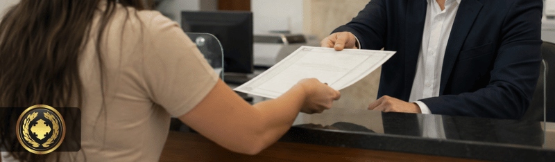 Pessoa recebendo uma certidão no balcão de um cartório, em um atendimento profissional e cordial, com ambiente interno realista, iluminação suave e aparência institucional.