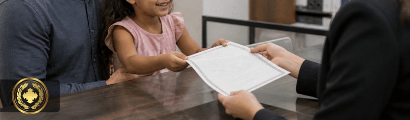 Um tutor e uma criança recebem uma certidão no balcão de um cartório, em um ambiente interno bem iluminado, com expressão de satisfação e clima institucional acolhedor.