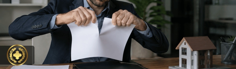 Pessoa rasgando um contrato em um ambiente de escritório, com expressão séria e uma maquete de imóvel sobre a mesa, representando dúvidas ou cancelamento em uma negociação imobiliária