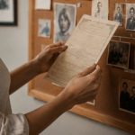 Como encontrar familiares pelo sobrenome por meio de certidões de nascimento e óbito? 3 Pessoa analisando uma certidão enquanto organiza fotos e documentos em um painel de árvore genealógica, em um ambiente iluminado e acolhedor