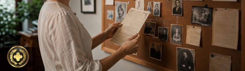 Pessoa analisando uma certidão enquanto organiza fotos e documentos em um painel de árvore genealógica, em um ambiente iluminado e acolhedor