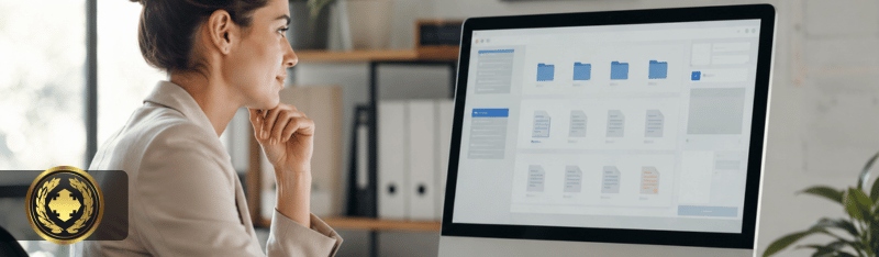 Pessoa em um escritório moderno organizando arquivos digitais no computador, com interface visual de pastas e documentos, iluminação natural e ambiente profissional.