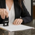 Posso autenticar documento de outra pessoa em cartório? 3 Funcionária de cartório carimbando um documento em ambiente interno profissional, com atendimento ao público ao fundo e iluminação suave, transmitindo formalidade, confiança e rotina institucional