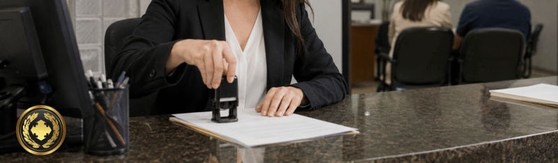 posso autenticar documento de outra pessoa Funcionária de cartório carimbando um documento em ambiente interno profissional, com atendimento ao público ao fundo e iluminação suave, transmitindo formalidade, confiança e rotina institucional
