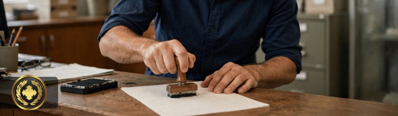 autenticar documento no cartório funcionário de cartório carimbando certidão em sua mesa, ambiente institucional com luz natural e plano médio