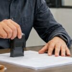 Funcionário em ambiente de escritório carimbando um documento sobre a mesa, em uma cena profissional, realista e com iluminação natural