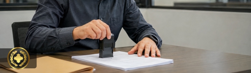Funcionário em ambiente de escritório carimbando um documento sobre a mesa, em uma cena profissional, realista e com iluminação natural