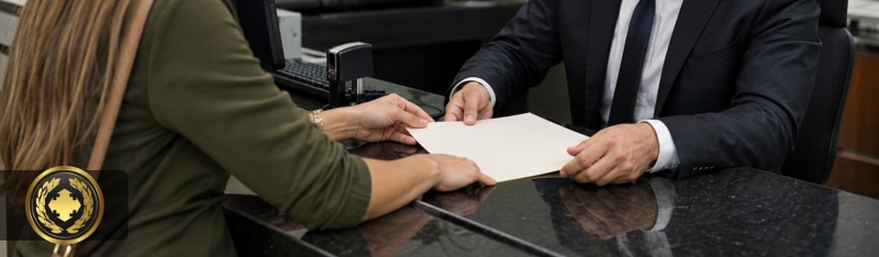 registro de títulos Pessoa entregando um documento a um atendente de cartório para realizar o registro, em um ambiente profissional e organizado