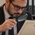 Funcionário de cartório analisa atentamente uma certidão com uma lupa em seu escritório, em um ambiente profissional, organizado e com iluminação natural