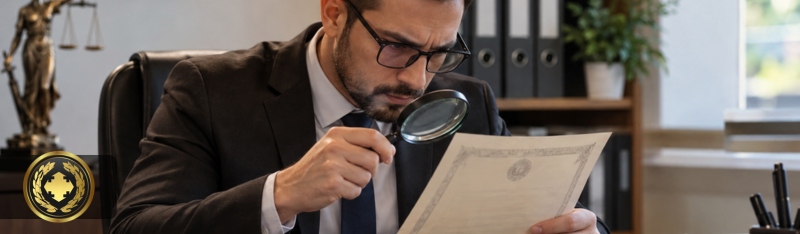 Funcionário de cartório analisa atentamente uma certidão com uma lupa em seu escritório, em um ambiente profissional, organizado e com iluminação natural
