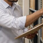 Funcionário de cartório buscando um documento em um arquivo físico, cercado por estantes com pastas, em um ambiente organizado e profissional